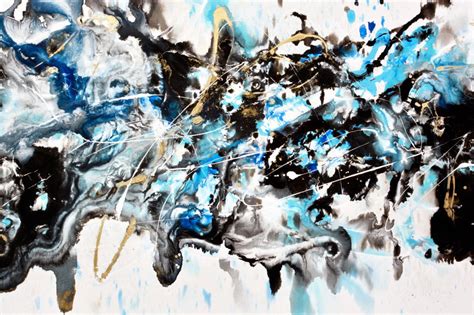 Blue and black abstract art painting with gold and white accents