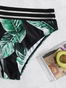 Tropical Print Contrast Mesh Bikini Set Wireless Bra Top High Waist Bikini Bottom Piece