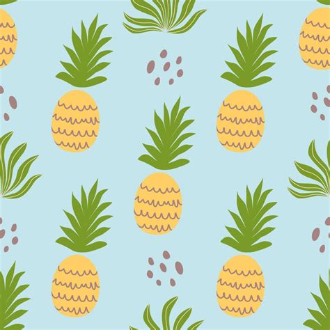 Beach Summer Seamless Pattern With Pineapple Cute Tropical Yellow Pineapple On Blue Background