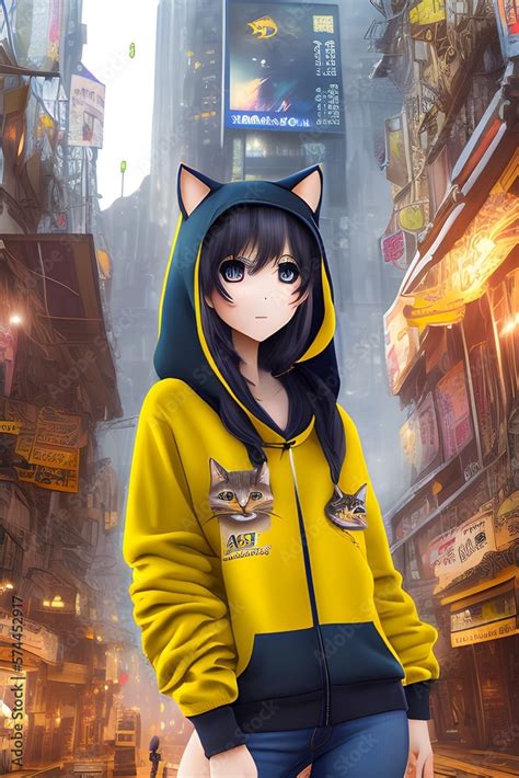 Cat anime hoodie girl is posing in the middle of a cyberpunk tokio ...