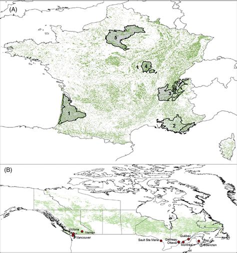 A) Map of France with the location of the five selected forest regions ...