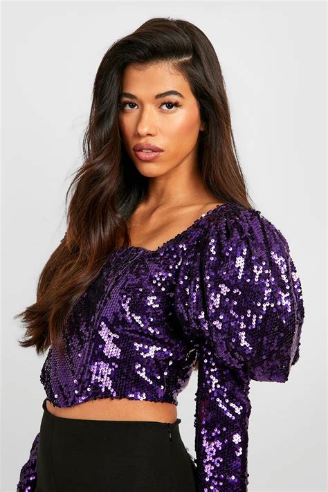 Womens Purple Tall Sequin Corset Puff Sleeve Top Boohoo Uk