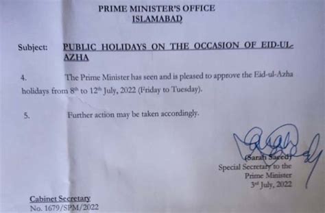 Fed Govt Announces 5 Day Eid Ul Adha Holiday