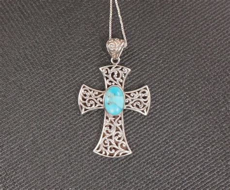 Vintage Sterling Silver Turquoise Cross Necklace Large Cross Etsy