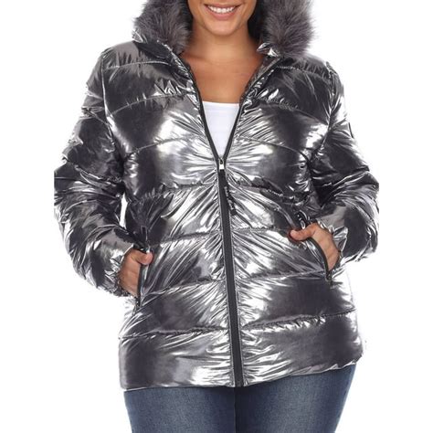 White Mark Womens Plus Size Metallic Hooded Puffer Coat