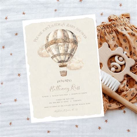 Boho Hot Air Balloon Baby Shower Invitation Template Gender Neutral Invite Editable Instant