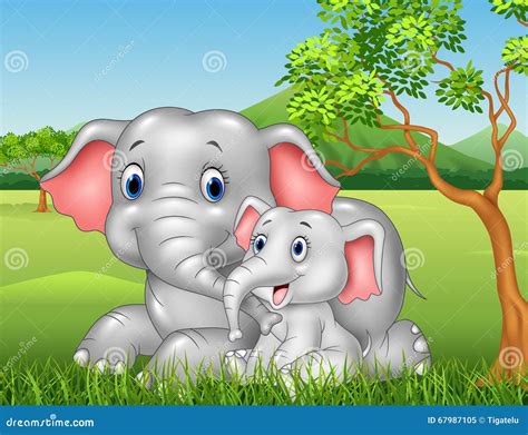 Cartoon Funny Mother And Baby Elephant On Jungle Background | CartoonDealer.com #67987105