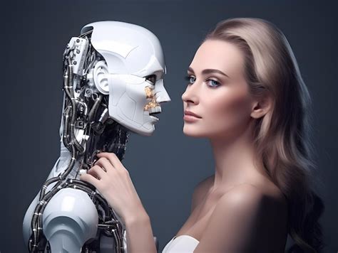 Premium Ai Image Beautiful Woman And Ai Robot Concept Of Human And Robot Love Affection Or