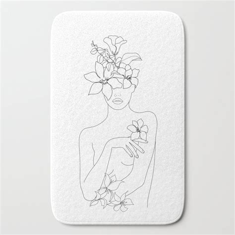 Minimal Line Art Woman With Flowers Iv Bath Mat By Nadja Line Art