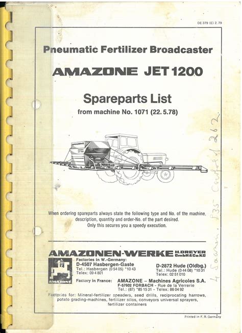 Amazone Fertiliser Spreader Pneumatic Jet 1200 Parts Manual