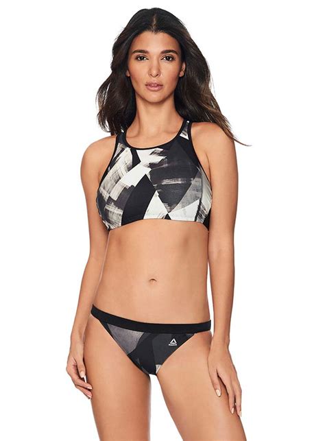 Amazon Reebok Lifestyle Women S Swimwear Bold Dynamic High Neck Bikini Bathing Suit Top