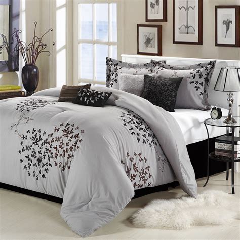 Queen Size 8 Piece Comforter Set In Silver Gray Black Brown Floral