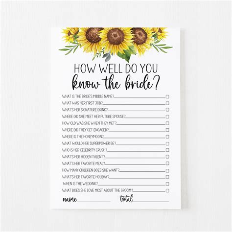 How Well Do You Know The Bride Cards Sunflower Modern Moh