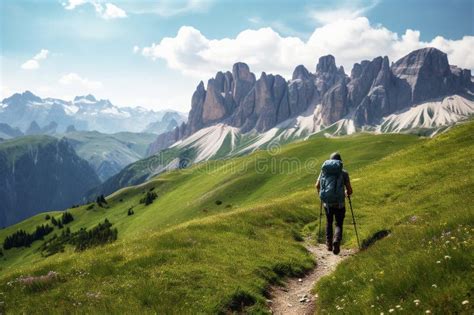 Man Hiking On A Mountain Trail Surrounded By The Majestic Peaks Of