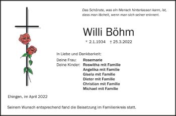 Traueranzeigen von Willi Böhm schwaebische de Trauerportal