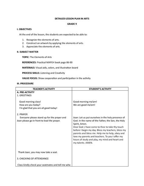 Detailed Lesson Plan In Arts Detailed Lesson Plan In Arts Grade I