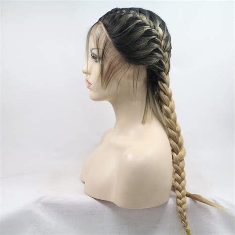 Xiweiya Blonde With Brown Root Double Braids Synthetic Braided Lace Front Wig With Baby Hair Wig