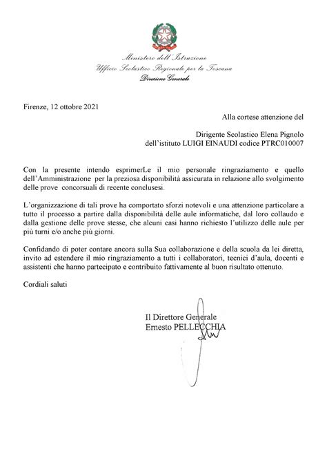 Lettera Di Ringraziamento Del Direttore Generale Dott Ernesto Pellecchia