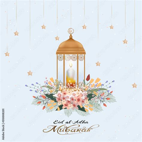 Eid Al Adha Mubarak Greeting Design With Crescent Moon And Star Hanging