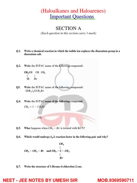 (Haloalkanes and Haloarenes) Important Unsolved Questions | PDF ...