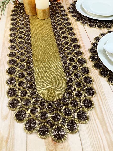 Handmade Table Runner Beaded Runner Gold Coffee Bead Runner Etsy