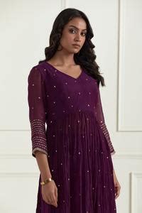 Buy Purple Chanderi Embroidery Sequin V Neck Side Slit Kurta For Women