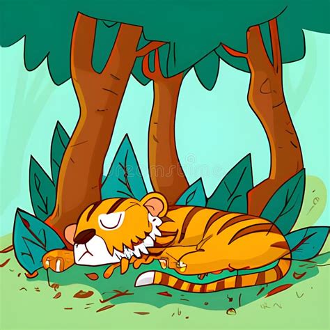 Tigre Durmiendo En El Bosque Al Estilo De Las Caricaturas Ai