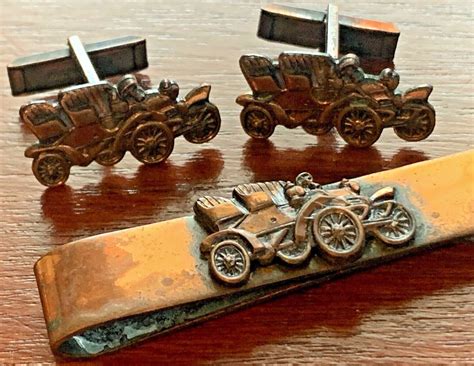 Vintage COPPER Model T Antique Car Cuff Links Tie B Gem