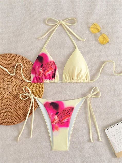 Women Floral Print Tie Front Triangle Top And Side Tie Triangle Bottom Bikini Set Summer