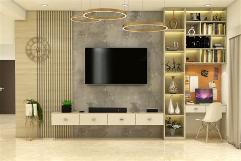 Modern Spacious Tv Unit Design With Exposed Concrete Wallpaper Livspace