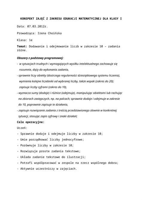 DOC Konspekt Lekcji Matematyki W Klasie 1 DOKUMEN TIPS