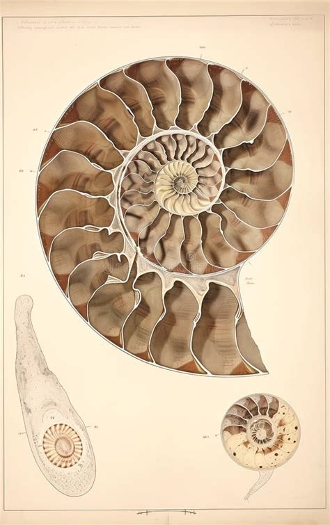 Antique Print Of A Ammonite Fossil In Cross Section Lithograph Style