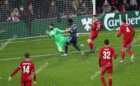 Liverpool Goalkeeper Alisson Becker Saves Bukayo Editorial Stock Photo ...