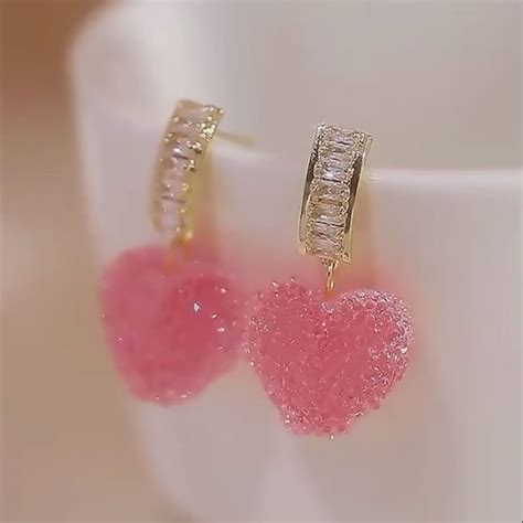 Korean Pink Heart Crystal Drop Earrings Vembley