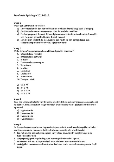 Proefoefen Tentamen 2017 Vragen Proeftoets Fysiologie Vraag 1 Wat