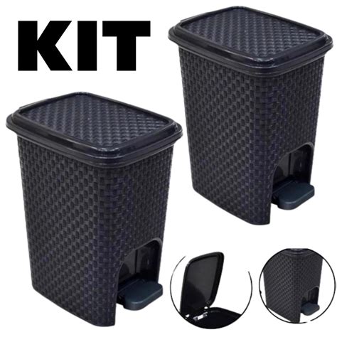 Kit 2 Lixeiras Cesto Tampa 7 Litros Pedal Preta Rattan