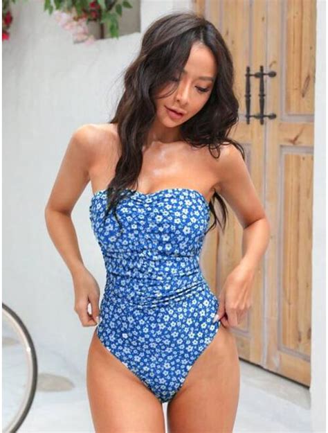 Buy Shein Ditsy Floral Print Ruched Bandeau One Piece Swimsuit Online Topofstyle