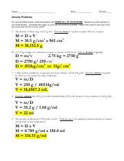 Density Practice Problems Key Name Date Period Density