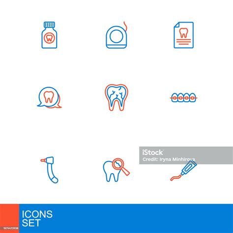 치약 깨진 치아 드릴 교정기가있는 치아 클립 보드 치과 카드 및 치실 아이콘의 라인 튜브를 설정합니다 벡터 건강 진단에 대한