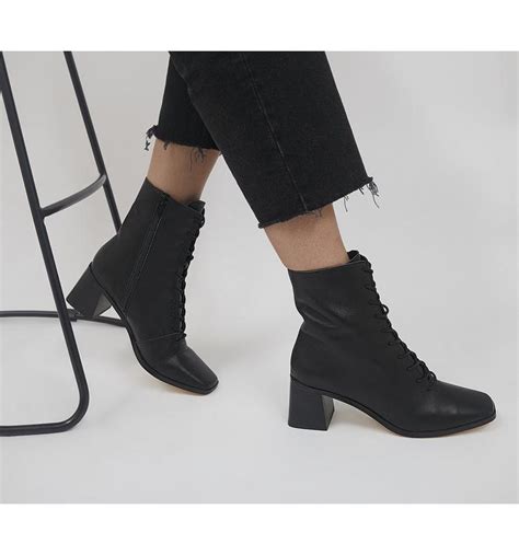 Office Amaze Low Lace Up Square Toe Block Heel Ankle Boots Black Leather Womens Ankle Boots