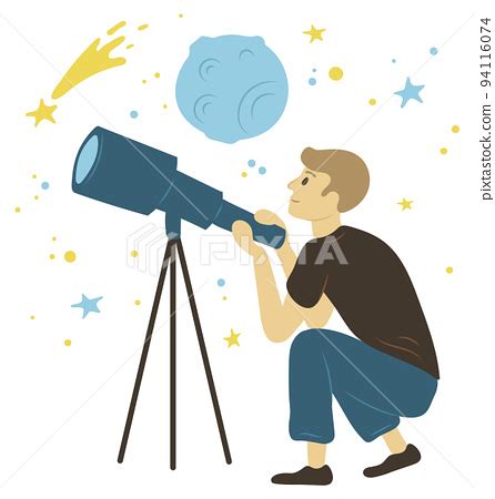 Man Looking Through Lens Astronomy Hobby Vector Stock Illustration