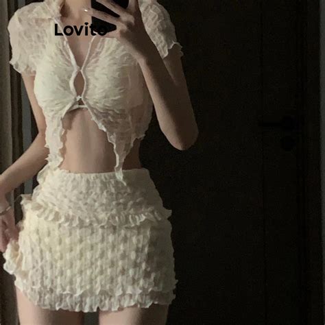 Lovito Sexy Bikini Sets Plain Lettuce Trim Asymmetrical Bikini Sets For Women Lna Shopee