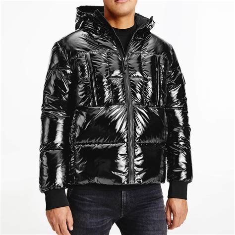 Calvin Klein Jeans Men S Hooded High Shine Puffer Jacket Ck Black