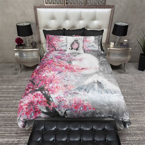 Japanese Watercolor Sakura Landscape Duvet Bedding Sets Ink And Rags