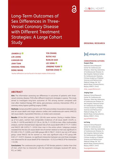 PDF Long Term Outcomes Of Sex Differences In Three Vessel Coronary Disease With Different