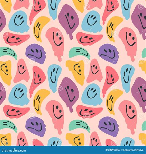 Illustration Of A Seamless Groovy And Trippy Pattern Deformed Smiles In Vintage Style Stock