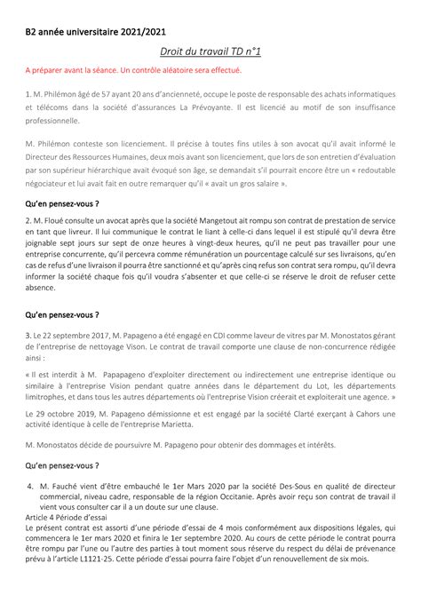 TD droit du travail B2 année universitaire 2021 2021 Droit du