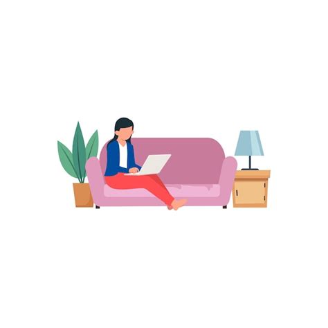 Premium Vector Woman Sitting On A Couch With A Laptop