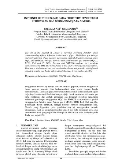 INTERNET OF THINGS IoT PADA PROTOTIPE PENDETEKSI KEBOCORAN GAS