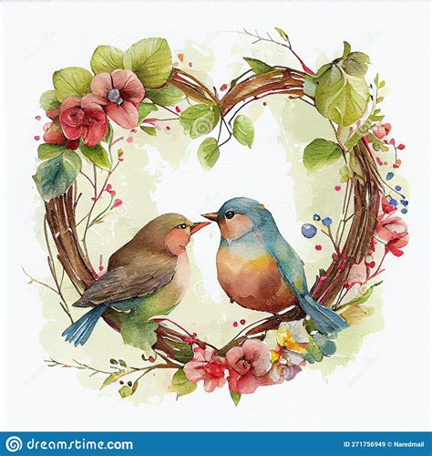 Aquarelle Couple Oiseau Amoureux En Forme De Coeur Couronne Fleurie